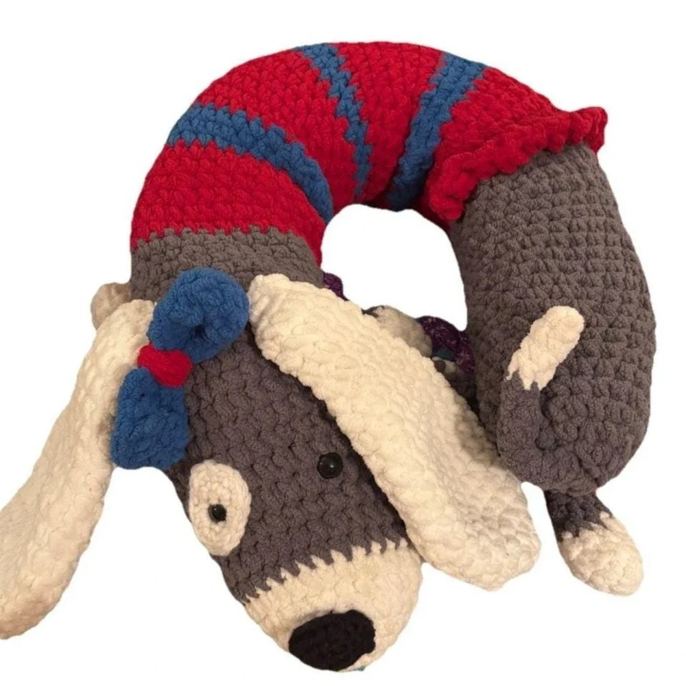 Knitted Weine Dog Neck Pillow Whimsical Travel Hand Crafted Deco Art Animal Love